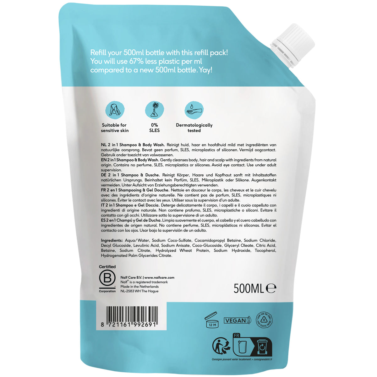 2 in 1 Shampoo and Body Wash Refill Pack Baby & Kids 500ml