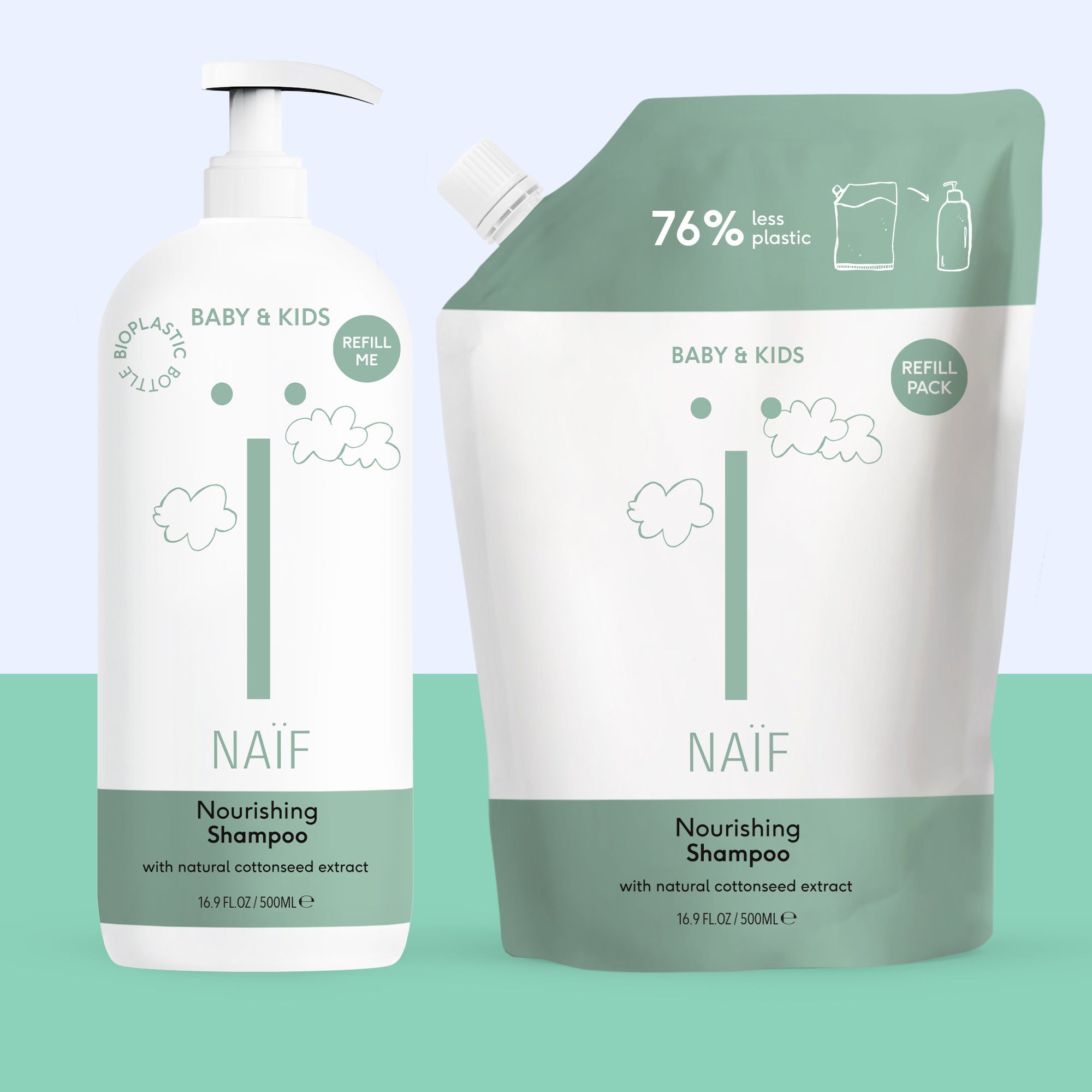 Pflegendes Shampoo in Pumpenspender & Nachfüllpack für Baby & Kind 2x 500ML